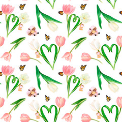 Watercolour drawn square pattern with beautiful pink and white tulip hearts, detached flowers, butterflies, name cards, wooden hearts