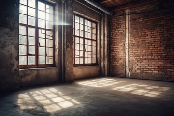 Illustration of an empty room with natural light coming through two windows and a textured brick wall. Generative AI