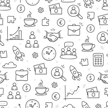 Business job icon doodle seamless pattern background. Business teamwork, office, career concept doodle line sketch style pattern with money, rocket, calculator element. Vector illustration