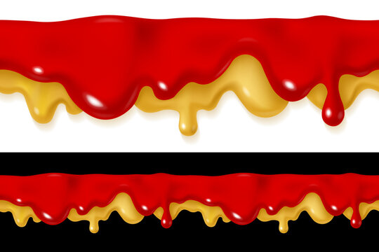 Dripping ketchup and mustard sauce design. Vector 3d liquid paint stain illustration. Realistic horizontal seamless border isolated.