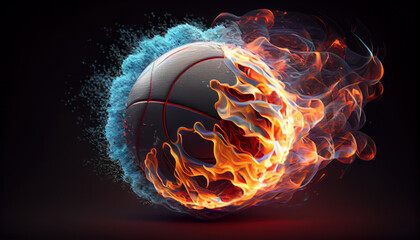Illustration of the basketball ball enveloped in fire flames, black background.