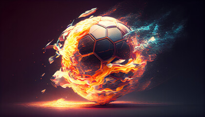 Fototapeta premium Flying football or soccer ball on fire, black background.