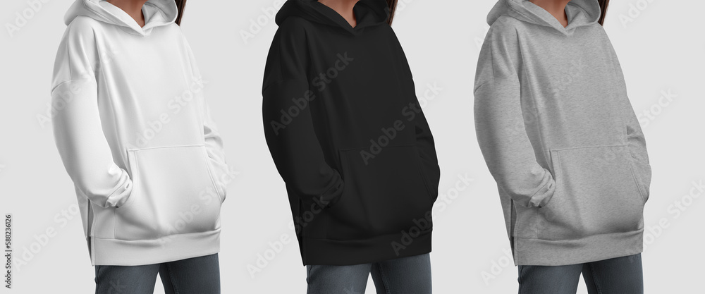 Poster Template white, black, heather long hoodie on a girl with hands in pockets, close-up, front view, isolated on background.