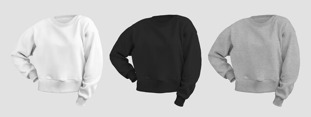 Mockup of white, black, heather shirt front view, female crop sweatshirt 3D rendering, longsleeve isolated on background. Set