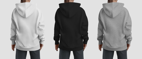 Mockup of a white, black, heather long hoodie on a girl close-up, back view, streetwear isolated on background.