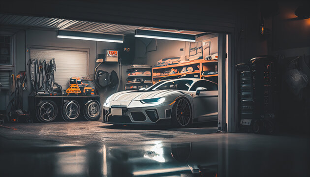 Car repair service in garage, with luxurious car parked in a home garage. The cinematic lighting