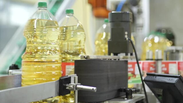 Sunflower Oil Production Factory-Oil bottles being labelled in the production line