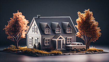 Volumetric project of house. Layout of a house with an open roof. Miniature layout of a cottage top view. Building model