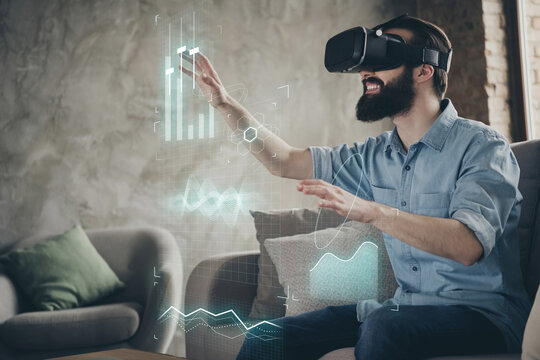 Digital futurism banner collage of young guy working at home distance jog with virtual network software