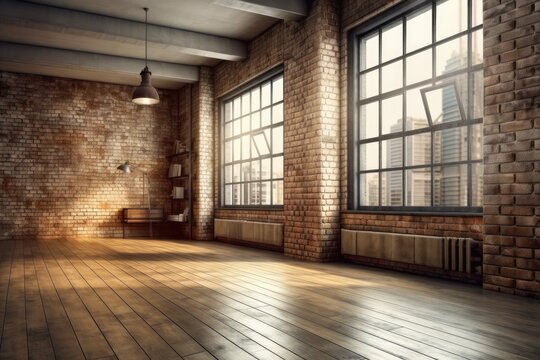 Illustration of an empty room with a brick wall and large windows. Generative AI