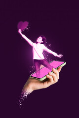 Creative poster banner collage of holographic image child girl from cell smart device social network notification
