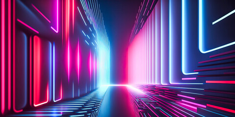 AI generated abstract space red blue pink neon background with cuboid shapes glows in darkness.