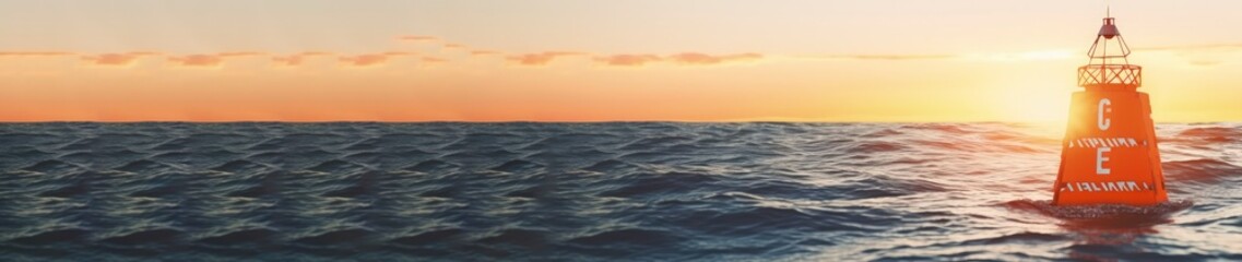 Fototapeta na wymiar Solitary Buoy at Sunset on Open sea. Banner Format. Generative AI.