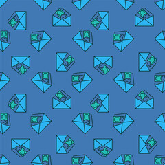 Envelope with Money vector blue line seamless pattern
