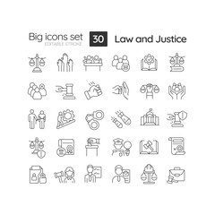 Law and justice linear icons set. Human rights protection. Federal regulations and rules. Judgement. Customizable thin line symbols. Isolated vector outline illustrations. Editable stroke
