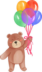 Brown bear is floating with balloons in the sky . Watercolor .