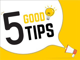 5 Tips badge with light bulb on speech bubble. flat vector on isolated white background. eureka, Good Idea, illustration.