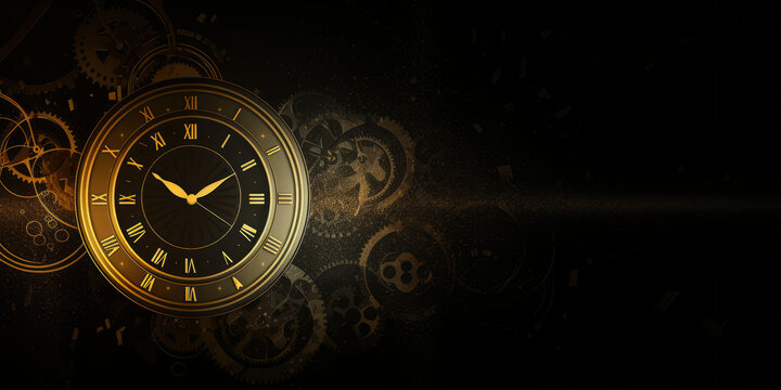 10:10 clock on the left symbolize time and wealth management in a golden and dark background with particles and gears, image with copy space, expandable website banner, Generative AI
