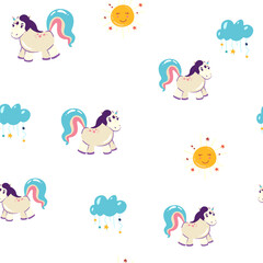 Cute unicorn, and pink background decoration. Seamless repeating pattern texture background design for fashion fabrics, textile graphics, prints etc