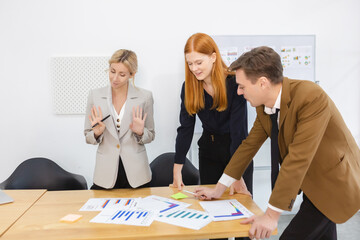 Businesspeople reading reports of workers in office. Teamwork business professional success online startup planning. brainstorming meeting in workplace.