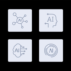 AI Artificial Intelligence icon set inline style, machine learning, smart robotic and cloud computing network digital AI technology: internet, solving, algorithm, vector illustration