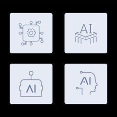 AI Artificial Intelligence icon set inline style, machine learning, smart robotic and cloud computing network digital AI technology: internet, solving, algorithm, vector illustration