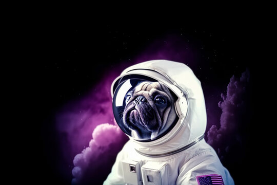 Abstract portrait of an animal in full astronaut gear, a dog cosmonaut in a spacesuit ready to conquer universe and galaxy. A cute little pet. Funny portrait. Illustration, Generative AI.