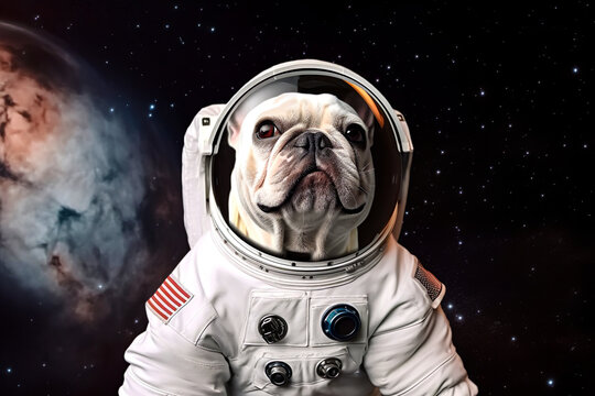 Abstract portrait of an animal in full astronaut gear, a dog cosmonaut in a spacesuit ready to conquer universe and galaxy. A cute little pet. Funny portrait. Illustration, Generative AI.