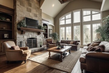 Fototapeta premium cozy living room with a fireplace and comfortable furniture. Generative AI
