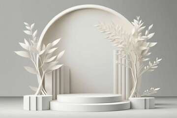 Tropical flowers 3D render of beige podium stand white background abstract. Generative Ai.