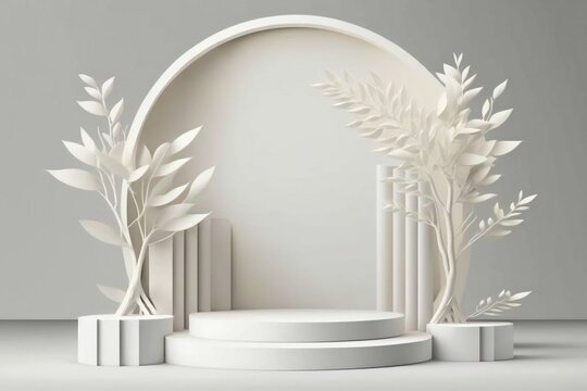 Fototapeta Tropical flowers 3D render of beige podium stand white background abstract. Generative Ai.