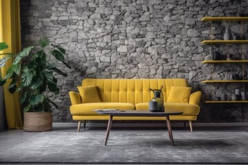 modern living room with yellow furniture and a rustic stone wall. Generative AI