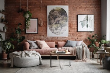 cozy living room with brick wall and modern furniture. Generative AI