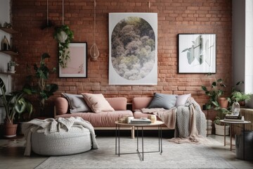 Obraz premium cozy living room with brick wall and modern furniture. Generative AI