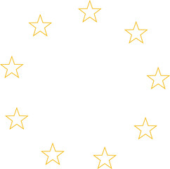 Stars of various sizes arranged in a circle. Round frame, border. Black star shape, simple symbol. Design element, ornament. Vector illustration.