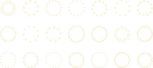 Stars of various sizes arranged in a circle. Round frame, border. Black star shape, simple symbol. Design element, ornament. Vector illustration.