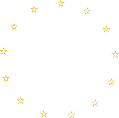 Stars of various sizes arranged in a circle. Round frame, border. Black star shape, simple symbol. Design element, ornament. Vector illustration.