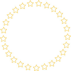 Stars of various sizes arranged in a circle. Round frame, border. Black star shape, simple symbol. Design element, ornament. Vector illustration.