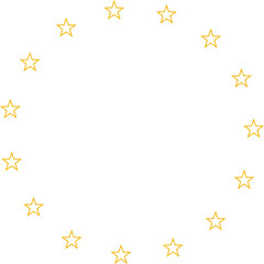 Stars of various sizes arranged in a circle. Round frame, border. Black star shape, simple symbol. Design element, ornament. Vector illustration.