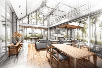 Fototapeta na wymiar cozy and stylish open-plan living and dining room. Generative AI