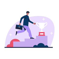 Cartoon character of young businessman running up to target. Path to success at work. Career goals for employees and ambitions. Working project progress. Vector