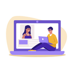 Cartoon characters of positive man and woman communicating online. Young couple having conversation using video call. Process of discussing meeting date. Vector