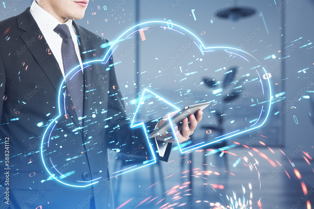 Poster close up of businessman hand using cellphone with glowing cloud with arrow on blurry office interior