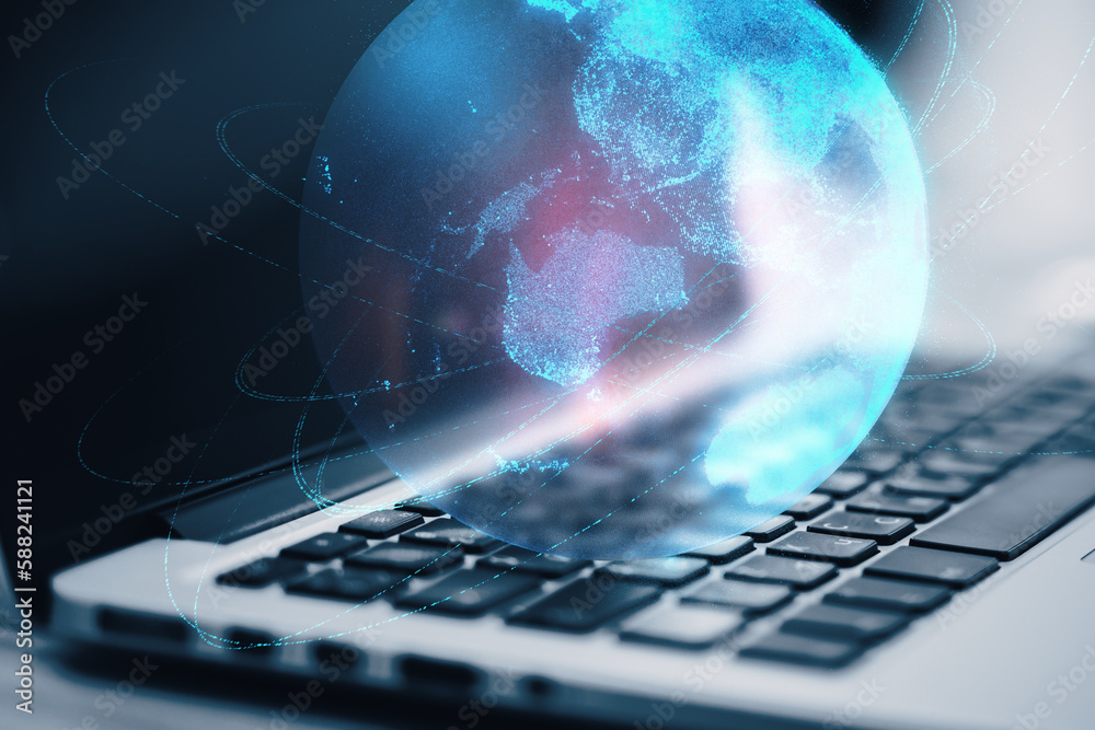 Poster Close up of laptop with glowing globe and connection lines on office desktop. Digital world and technology concept. 3D Rendering.