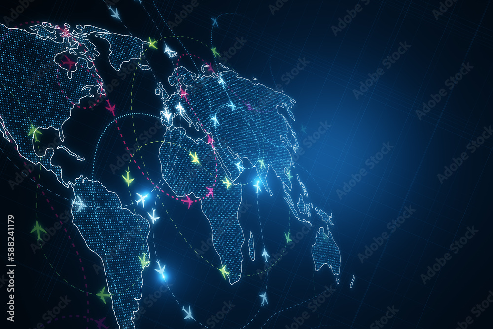 Aufkleber creative glowing digital map with ariplane connections on dark texture. flight routes airplanes netw