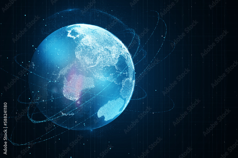 Poster Abstract glowing globe with connection lines on dark backdrop. Digital world and technology concept. 3D Rendering.