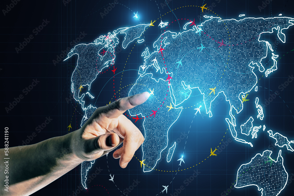 Poster Close up of hand pointing at glowing digital map with ariplane connections on dark background. Flight routes airplanes network and global transportation interface.