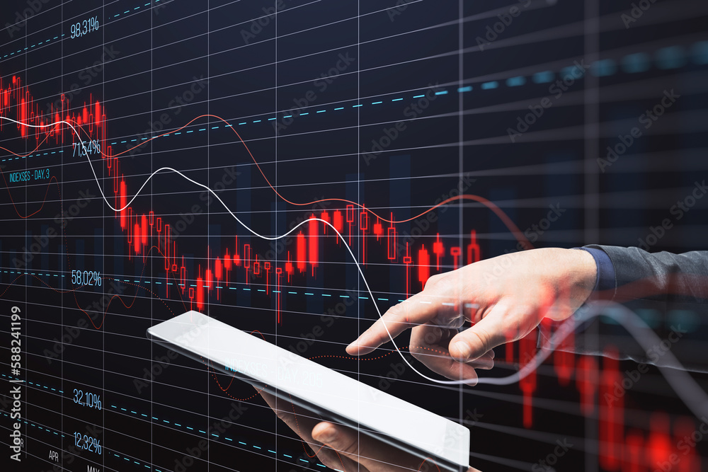 Aufkleber close up of hand pointing at smartphone with falling red crisis forex chart on dark grid background.