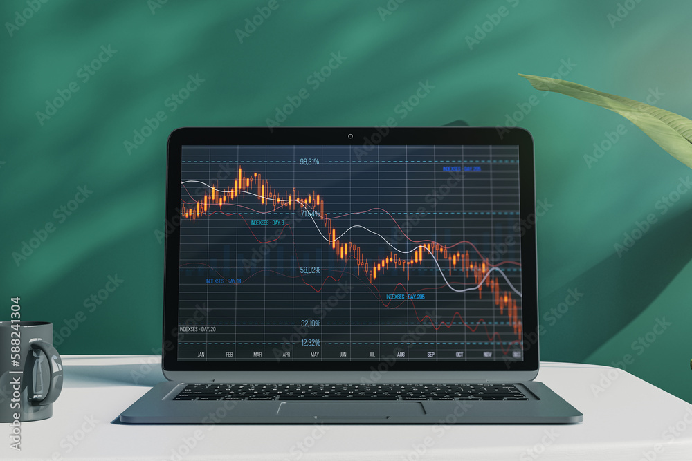 Aufkleber close up of laptop computer with falling red crisis forex chart on screen. desktop and chalkboard ba