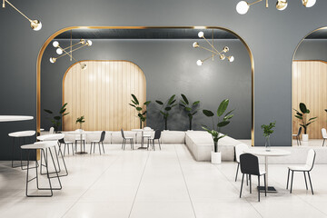 Modern gray cafeteria or restaurant interior with furniture and decor. Designs concept. 3D Rendering.